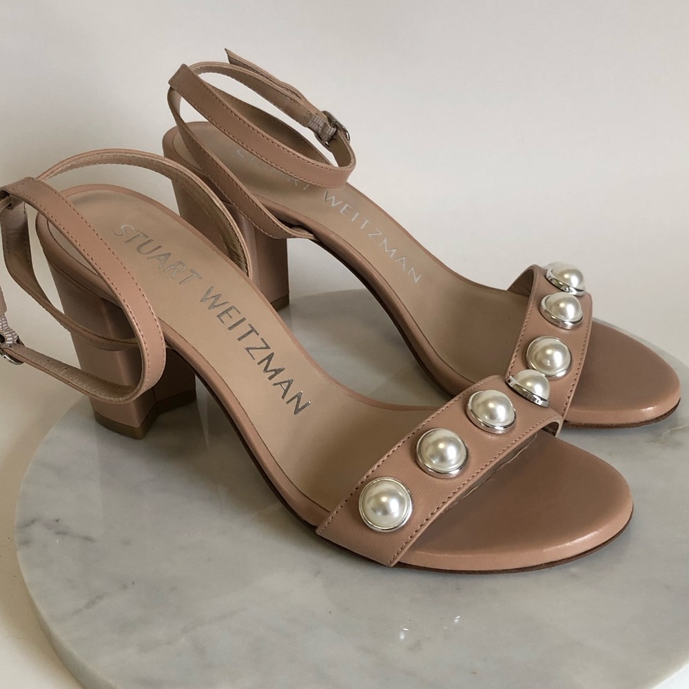 Stuart Weitzman Adobe Nearlybare Portia Pearl-Embellished  Block Heel Sandals